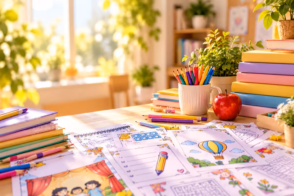 Bright desk with colorful printed activities, books and pencils